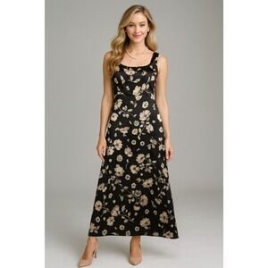 California Concepts Maxi Dress Womens S‎ Black Floral Satin 90s Y2K Vtg Romantic